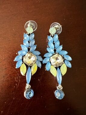 Pastel Blue Statement Earrings Rhinestone Floral Drop Dangle